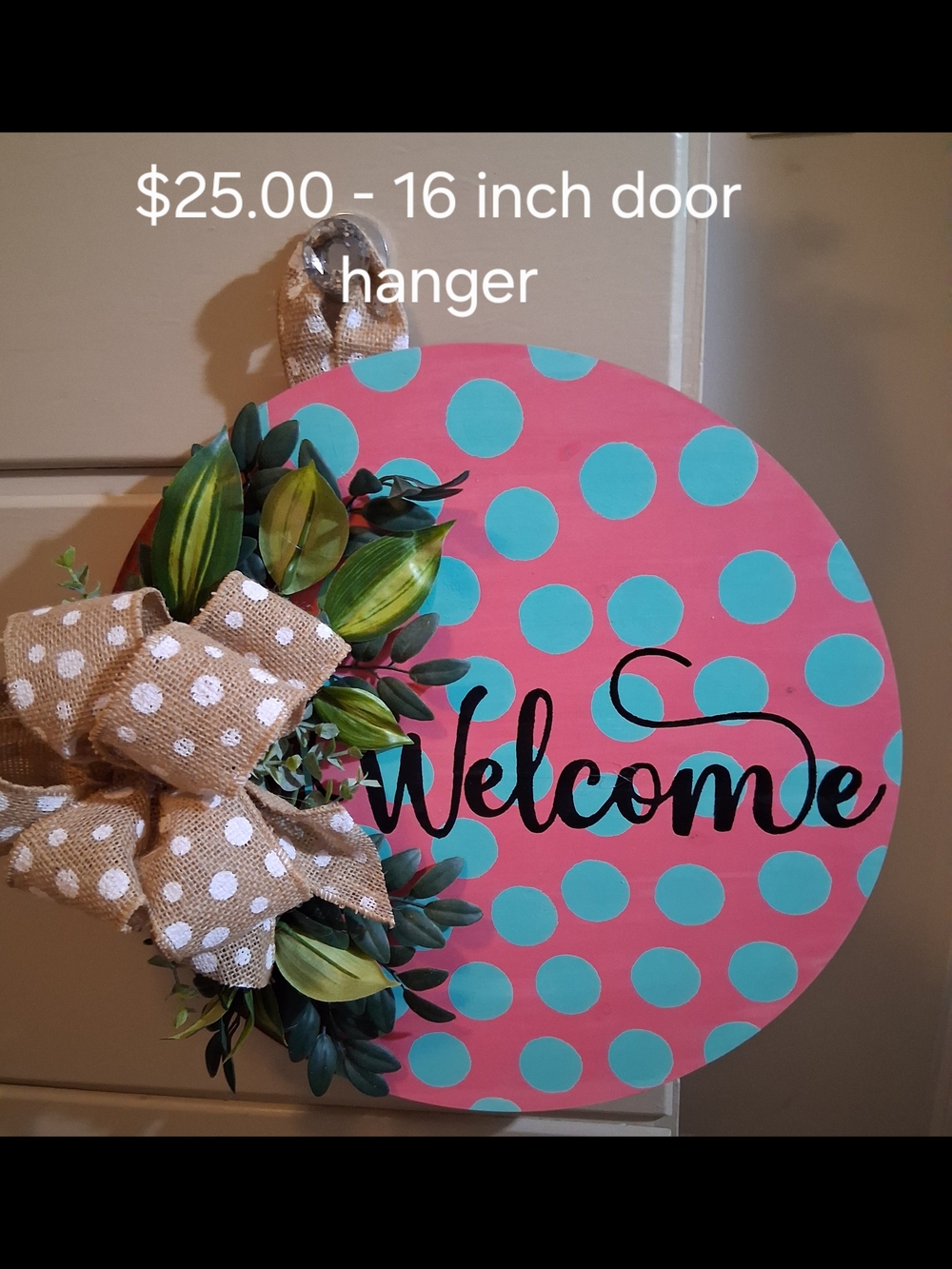 Welcome Polka Dot Door Hanger - Pink and Teal